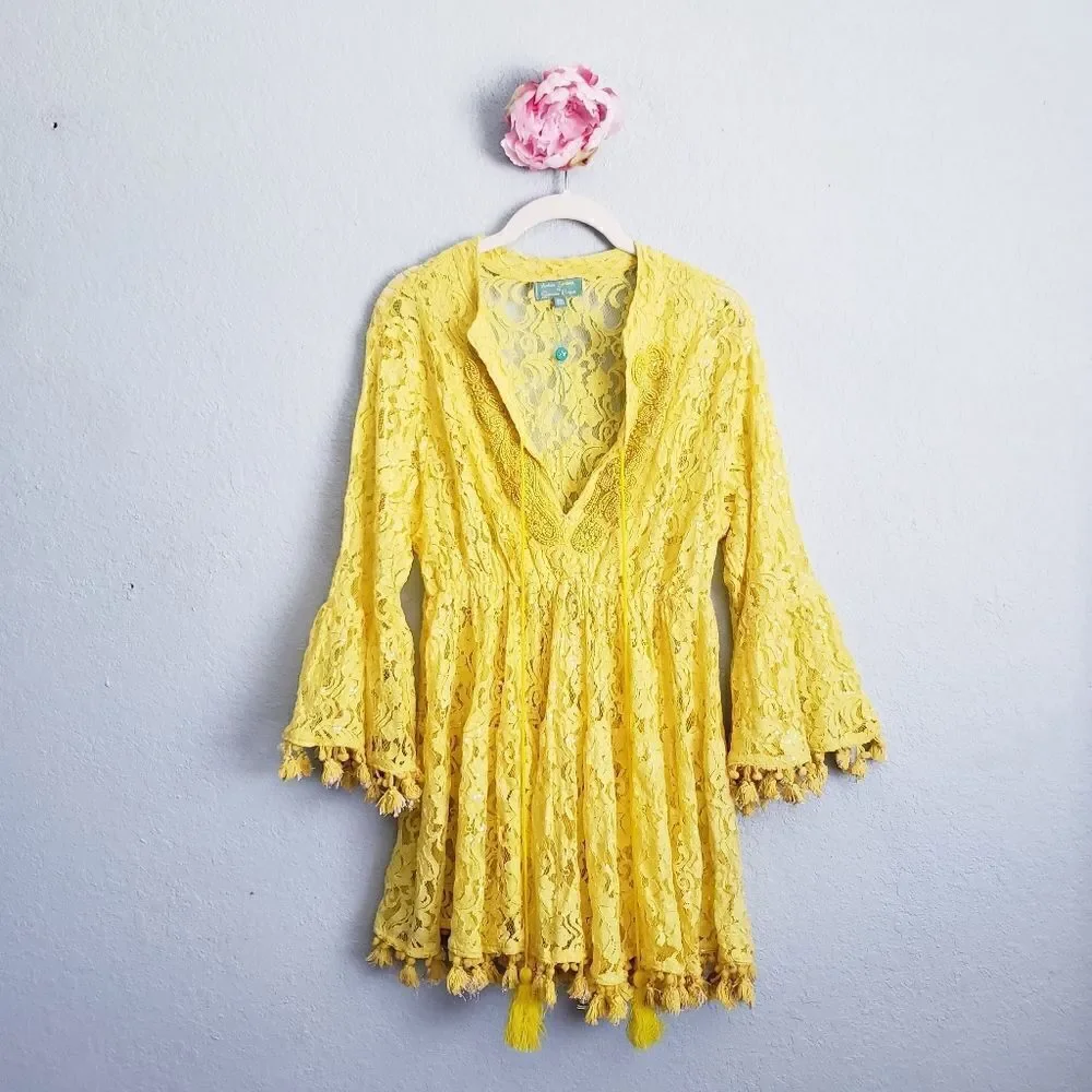 Antica Sartoria by Giacomo Cinque Yellow Lace Beaded Pom Pom Mini Dress